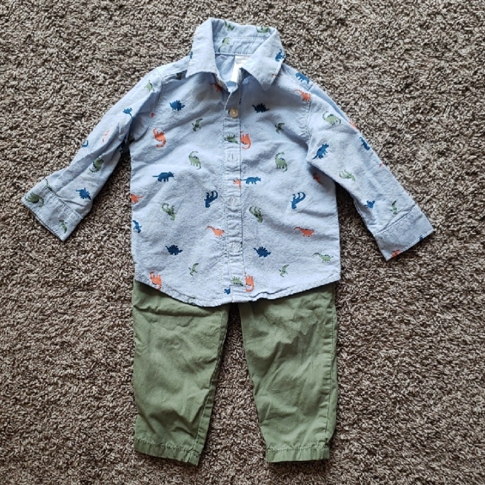 EUC Carter's Dinosaur Collared Shirt and Pants Outfut Set Size 12 Months